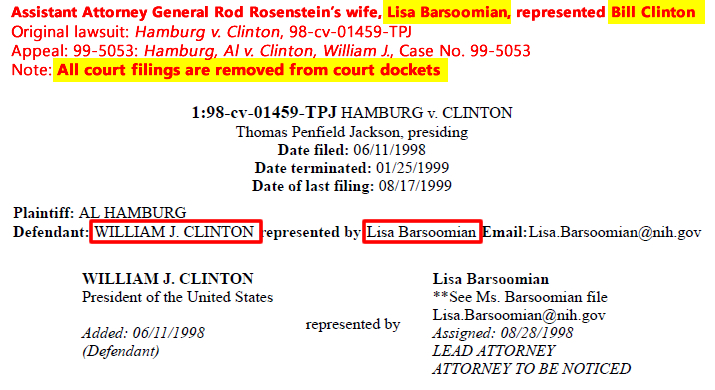 Lisa Barsoomiam. (Jun. 11-1998). Representation of William J. Clinton in Hamburg v. Clinton, 98-cv-01459-TPJ. PACER.gov