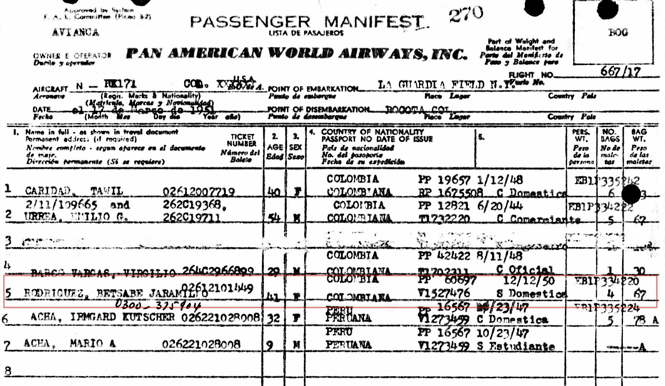 Betsabe Jaramilio Rodriguez. (Mar. 17, 1951). PAN AMERICAN WORLD AIRWAYS, INC., La Guardi, Flight No. 667/17, NY to Bogata, Columbia. Pan Am.