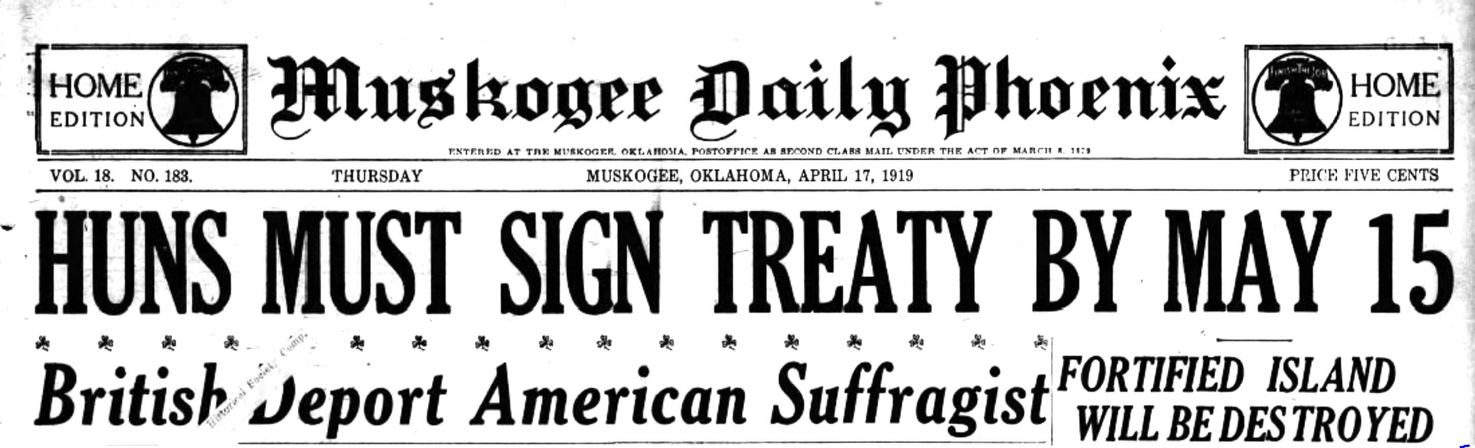 Editor. (Apr. 17, 1919). British Deport American Suffragist [Lillian Scott Troy], p. 1. Muskogee Daily Phoenix and Times-Democrat (Muskogee, Oklahoma.