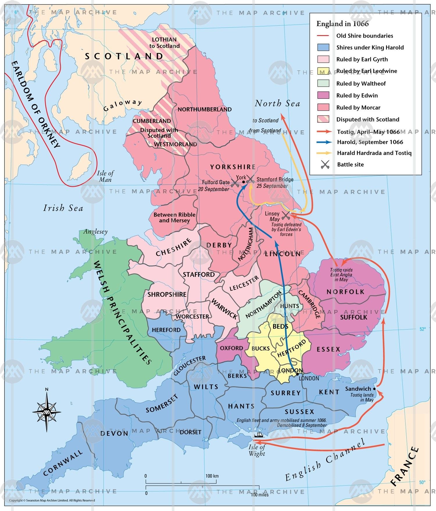 England, Map of the Shires in 1066