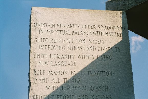 The Georgia Guidestones is a monument made in 1980 by an anonymous author that details in 8 different languages how to build a new society, with apparent advocacy of population control, eugenics, and internationalism. It was destroyed by an unknown person(s) on Jul. 27, 2022.