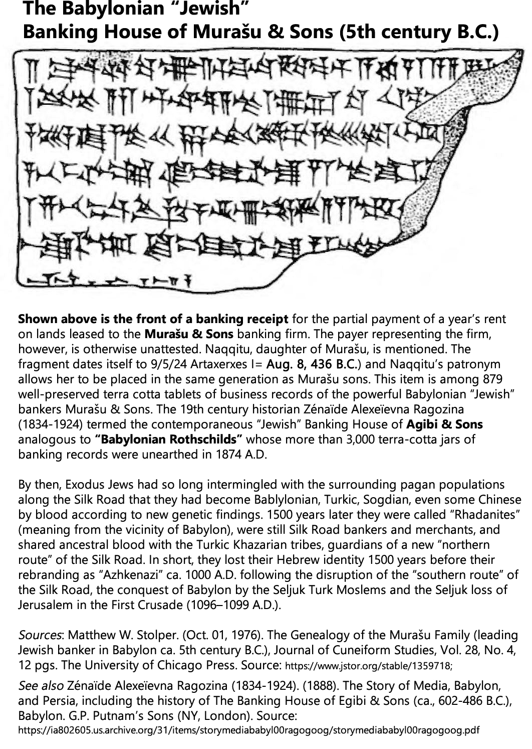 Matthew W. Stolper. (Oct. 01, 1976). The Genealogy of the Murašû Family (leading Jewish banker in Babylon ca. 5th century BCE), Journal of Cuneiform Studies, Vol. 28, No. 4, 12 pgs., PDF p. 13. The University of Chicago Press. 